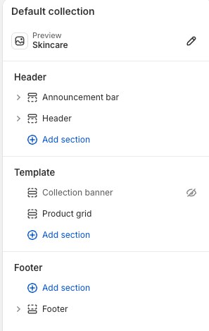 The theme editor on a collection page: under Template, Collection banner is greyed out with a crossed-out eye, so the collection name is never printed as a heading.