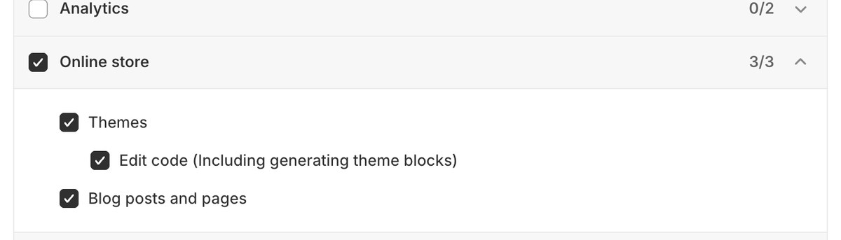 The Online store permissions on a role: Themes ticked, Edit code ticked under it, and Blog posts and pages.