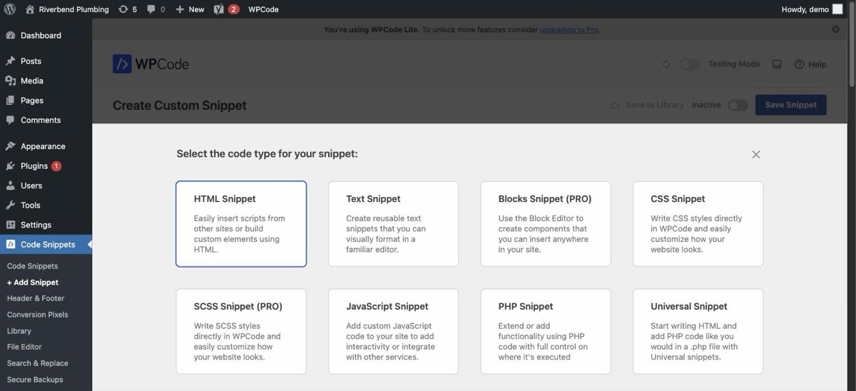 WPCode asks for a code type. Structured data is an HTML Snippet.