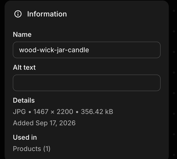 The media editor for a product photo, with the Alt text box empty beside the file name.
