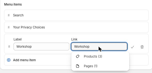 The footer menu with a new item: a label on the left, and the link box listing the store’s own pages.