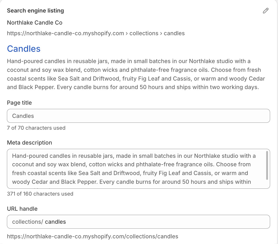 The same on a collection, at 371 of 160 characters used, with the description spilling into the summary.