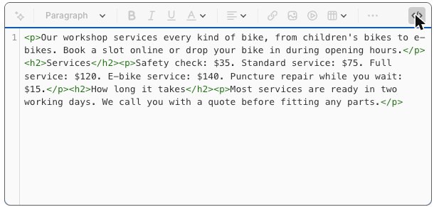 The page editor with the code view open, showing the answers as paragraphs and each question as an h2.