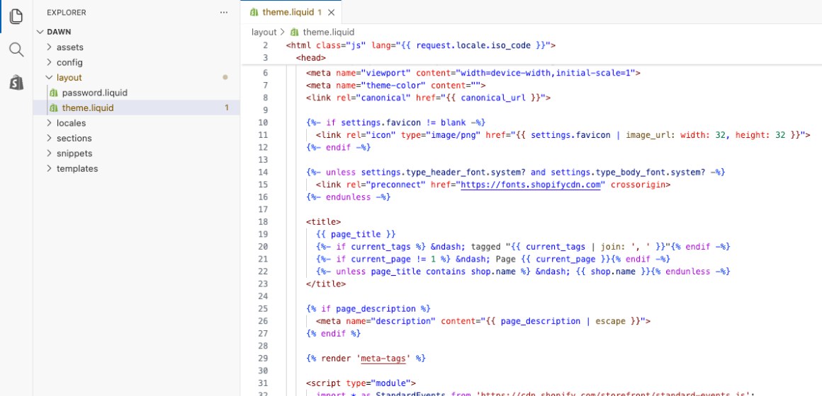 The code editor with layout open in the file list on the left and theme.liquid on screen, showing the head of every page.