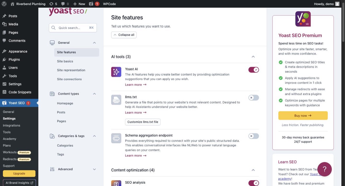 Yoast SEO, Settings, Site features. llms.txt sits under AI tools, switched off.
