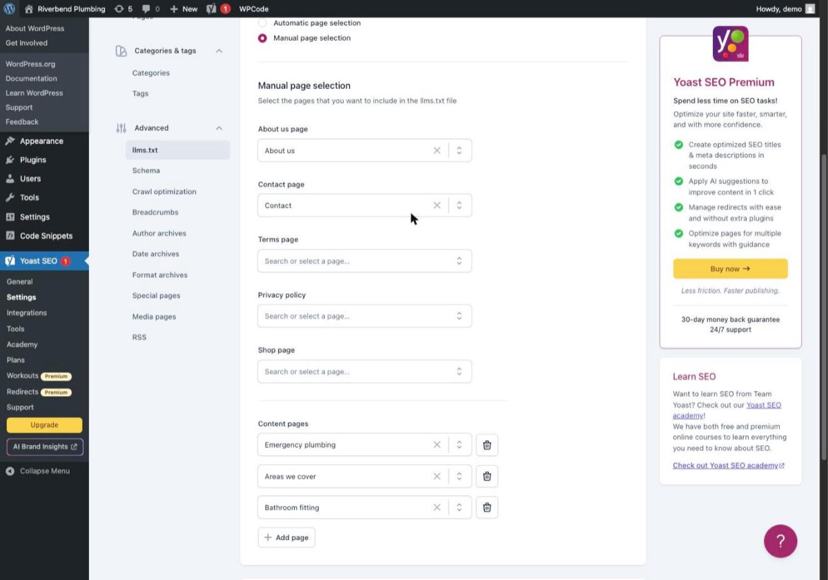 Manual page selection, naming the about, contact and service pages by hand.