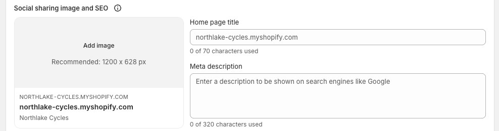 Online Store, Preferences: the home page title and meta description, both empty on a new store.