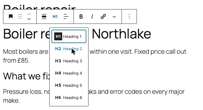 The block toolbar: change a heading inside the page from Heading 1 to Heading 2.