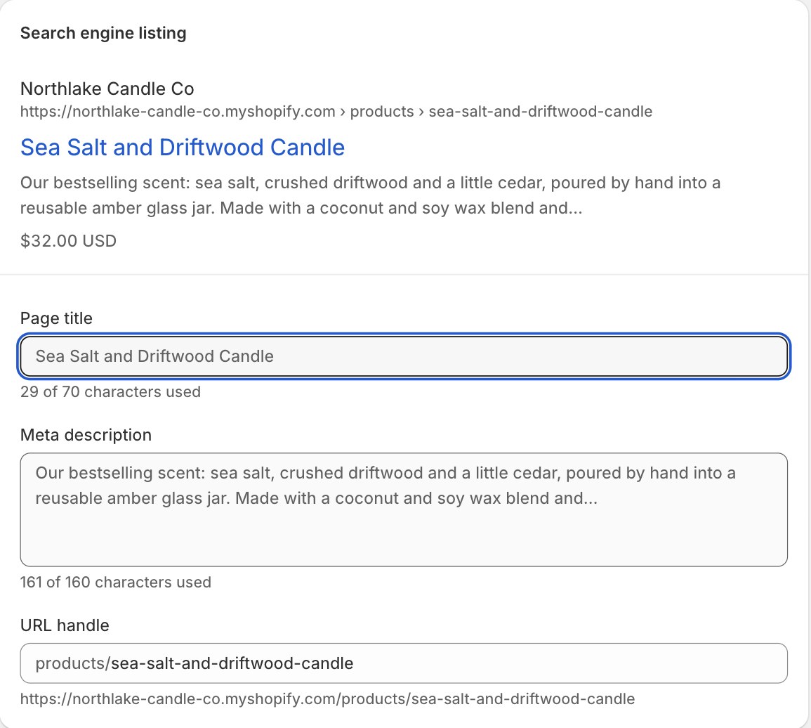 A product with no summary of its own: Shopify has filled the box from the description, and the counter reads 161 of 160 characters used.