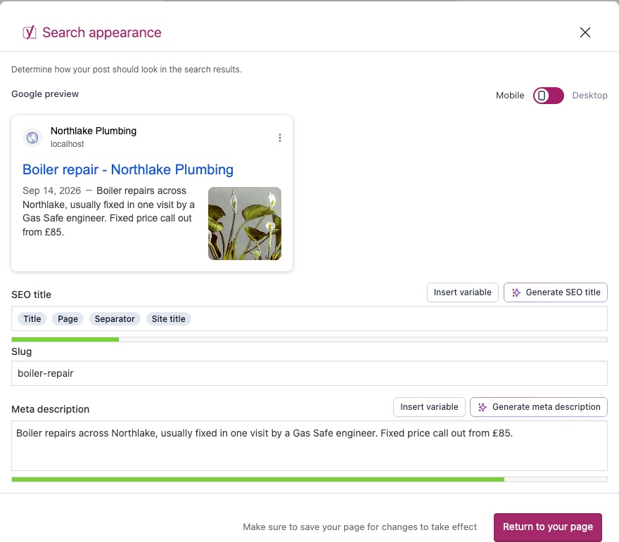 Yoast SEO, Search appearance: the preview, the SEO title and the meta description for one page.