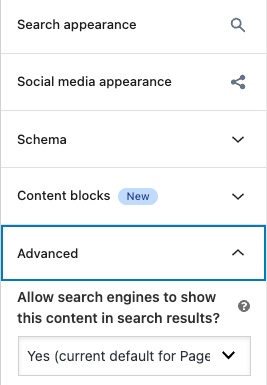 Yoast SEO, Advanced: whether search engines may show this page. Yes for every page you want found.