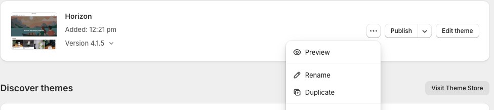 The three dots menu beside a theme, open on Preview, Rename and Duplicate, with Edit code below.