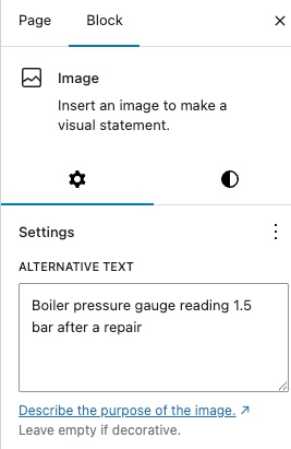 Block settings for an image: the Alternative text field.