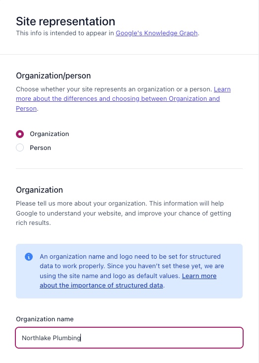 Yoast SEO, Settings, Site representation: the business name and logo Yoast publishes.