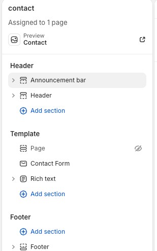 The Page template with its Page section hidden, so the title typed into the admin is never shown on the page itself.