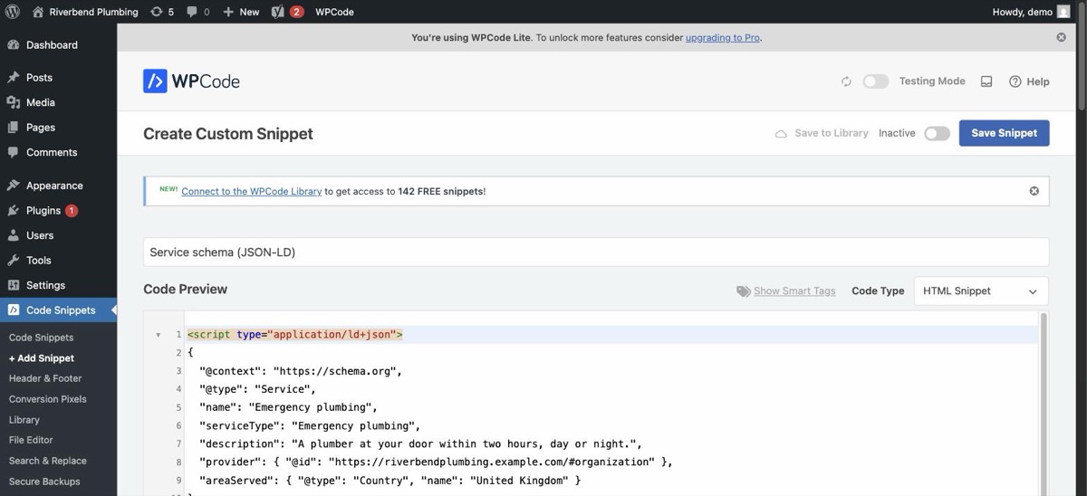 The snippet: a name, the JSON-LD block, and the Active toggle beside Save Snippet.